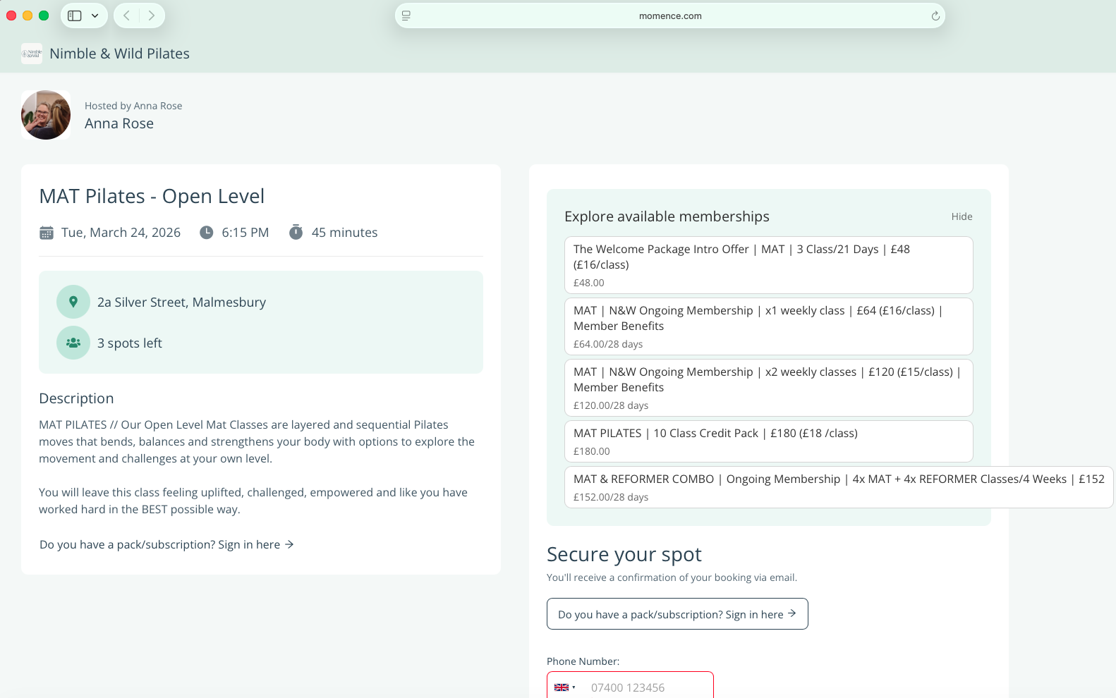 Momence booking flow